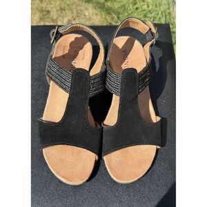 Vionic Kaytie Black T-Strap Wedge Cork Heel Sandals Suede Jute Upper Size 7